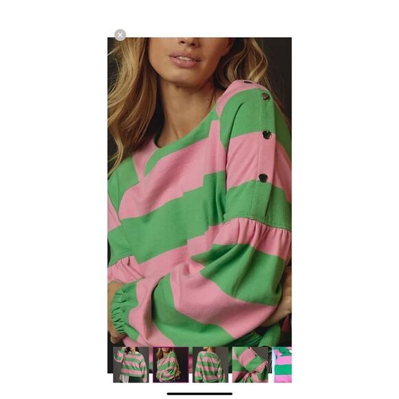 Anthropologie Maeve French Terry Sweatshirt Small Pink and Green Striped - Picture 1 of 11